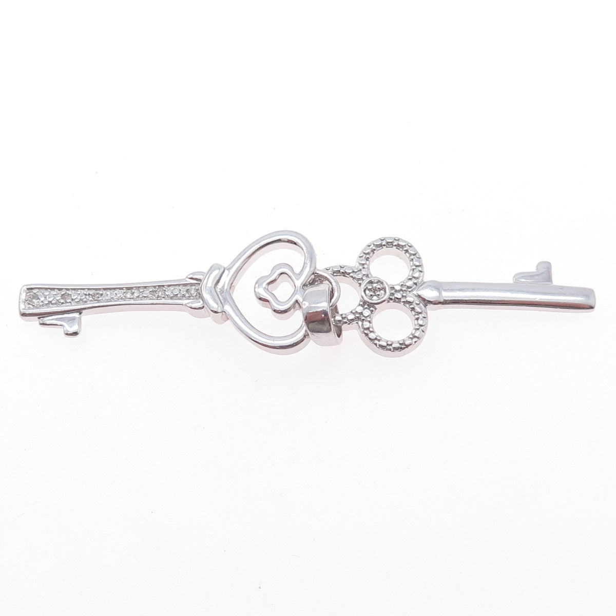 925 Sterling Silver Real Round-Cut Diamond Heart & Club Key Charm Pendant