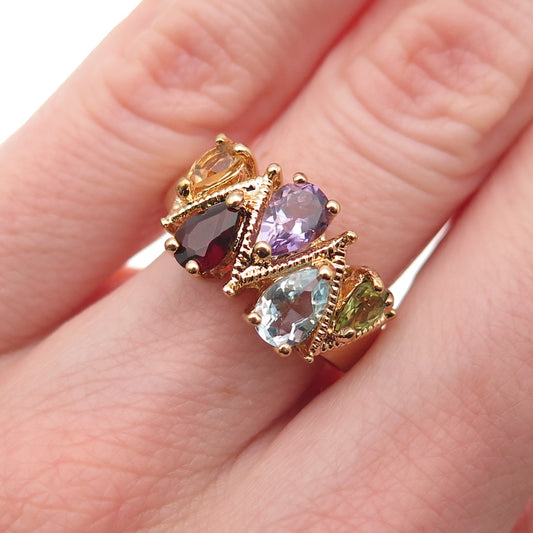 925 Sterling Silver Gold Plated Vintage Real Multi-Color Gem Ring Size 6