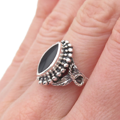 925 Sterling Silver Vintage Real Black Onyx Feather Beaded Oxidized Ring Size 7