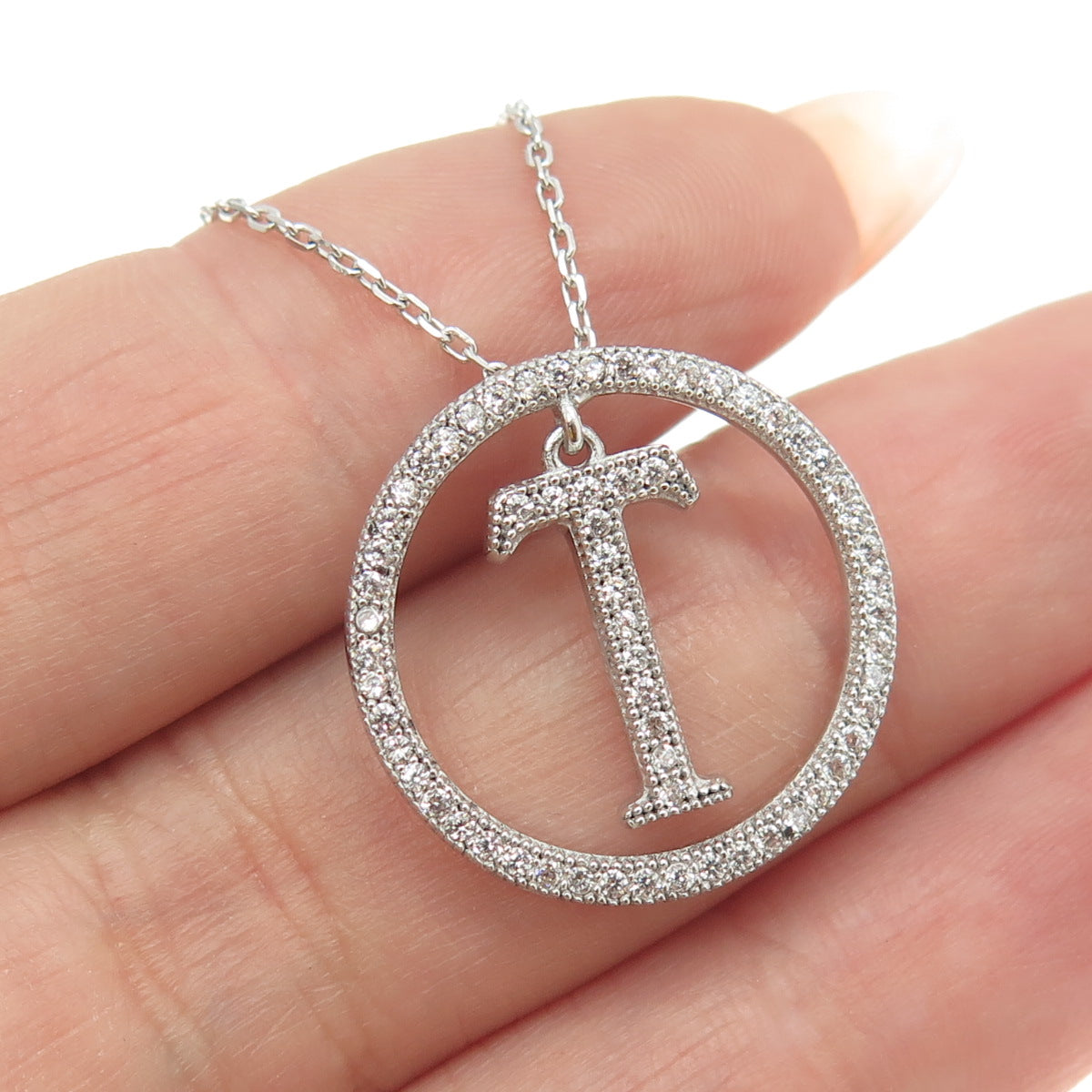 925 Sterling Silver Round-Cut C Z Letter "T" Initial Cable Chain Necklace 16-18"