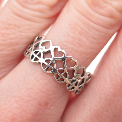 925 Sterling Silver Vintage Heart & Cross Oxidized Band Ring Size 8