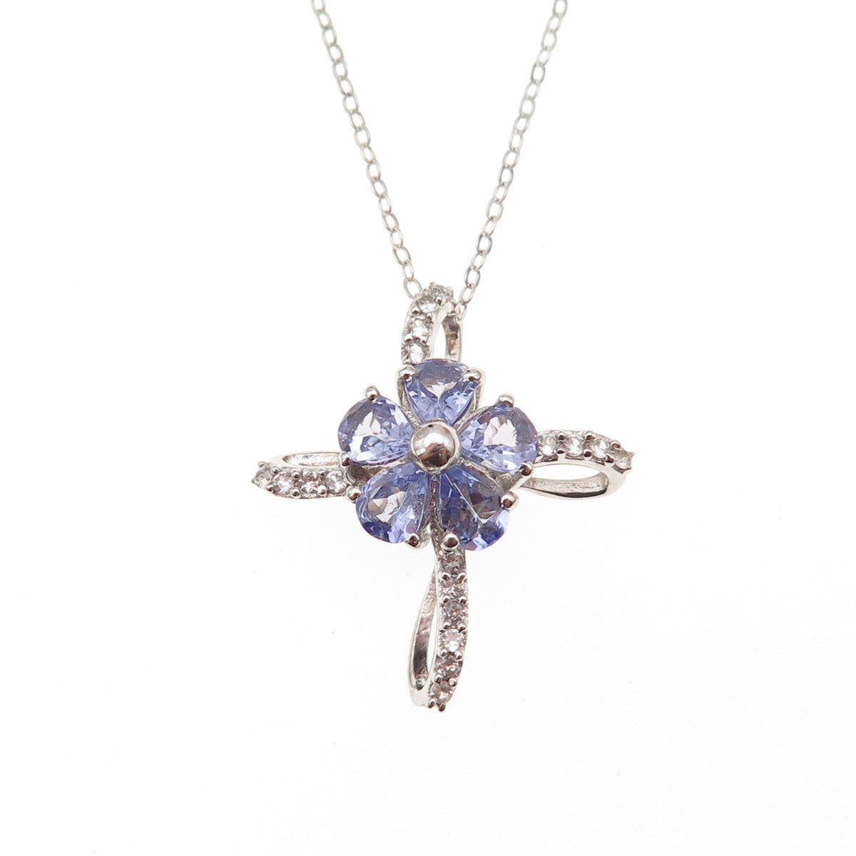 Chuck Clemency 925 Sterling Silver Real Tanzanite White Topaz Cross Necklace 20"