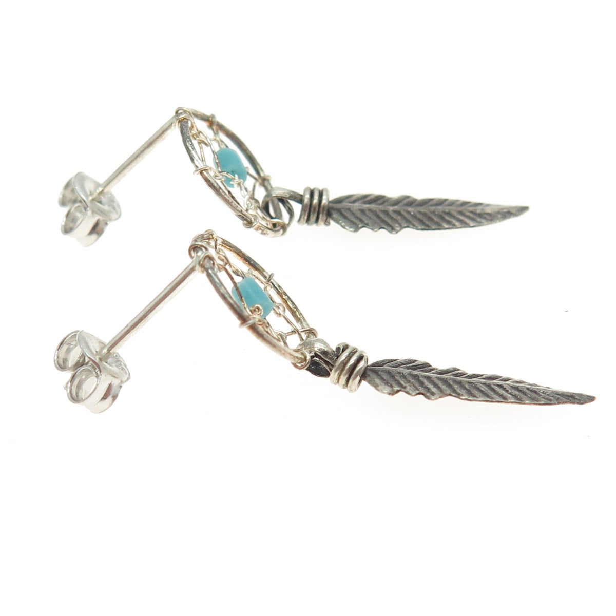 925 Sterling Silver Vintage Southwestern Real Turquoise Dreamcatcher Earrings