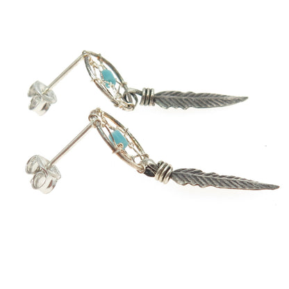 925 Sterling Silver Vintage Southwestern Real Turquoise Dreamcatcher Earrings