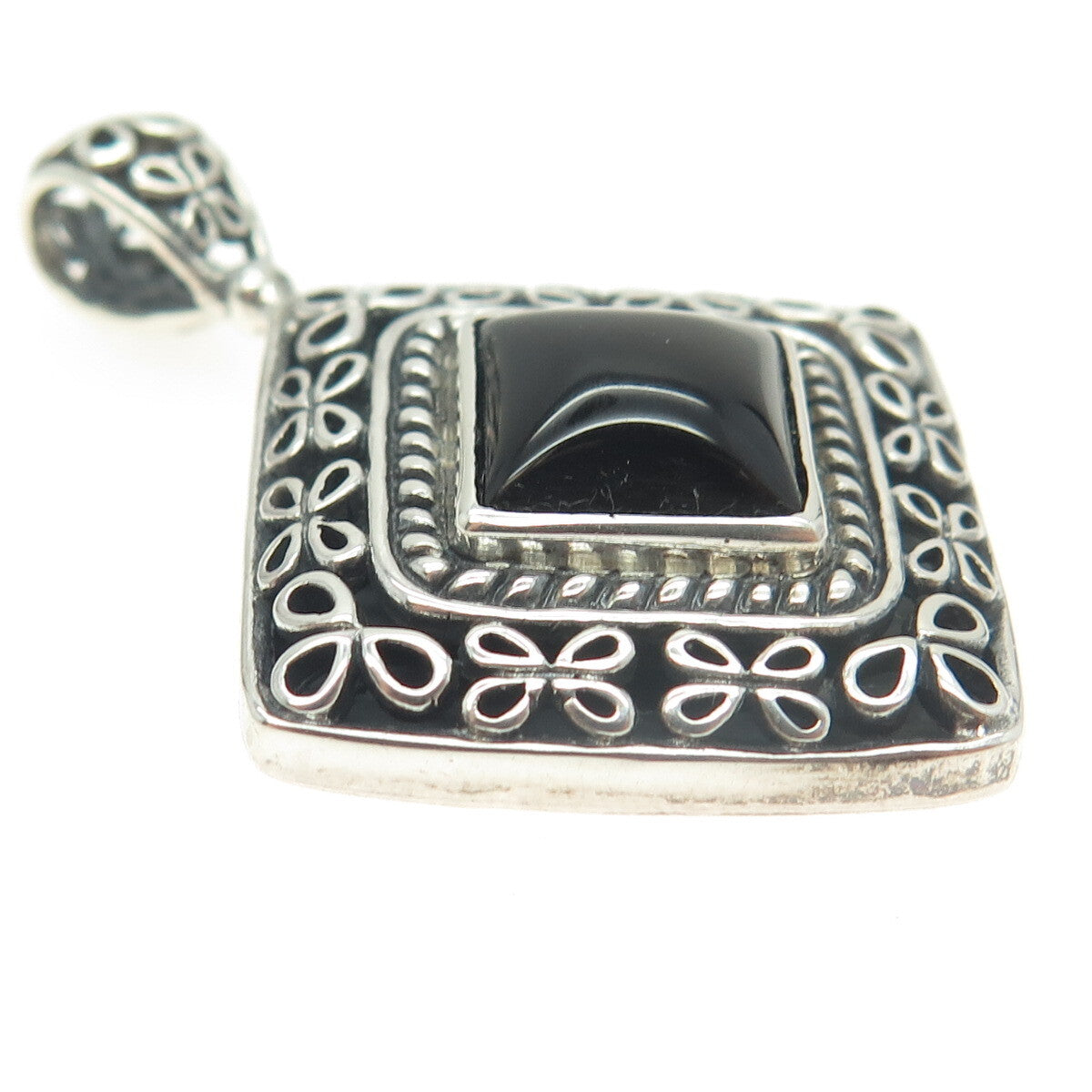 925 Sterling Silver Vintage Real Black Onyx Floral Pendant