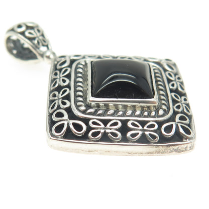 925 Sterling Silver Vintage Real Black Onyx Floral Pendant