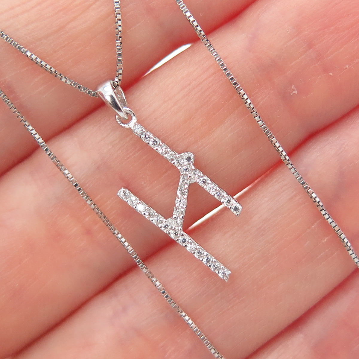 925 Sterling Silver Round-Cut C Z Letter H Initial Box Chain Necklace 18"