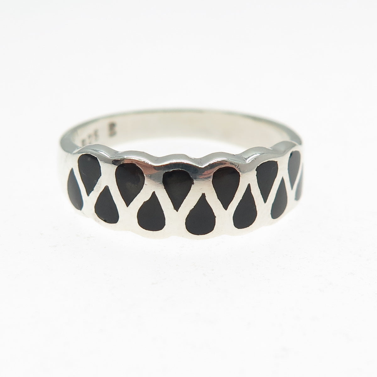 925 Sterling Silver Vintage Real Black Onyx Modernist Zig Zag Ring Size 8.75
