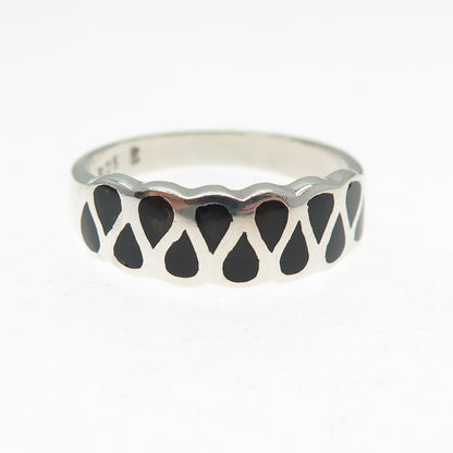925 Sterling Silver Vintage Real Black Onyx Modernist Zig Zag Ring Size 8.75