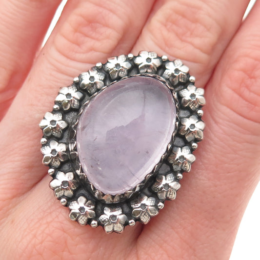 925 Sterling Silver Vintage Real Amethyst Floral Adjustable Ring Size 9.25