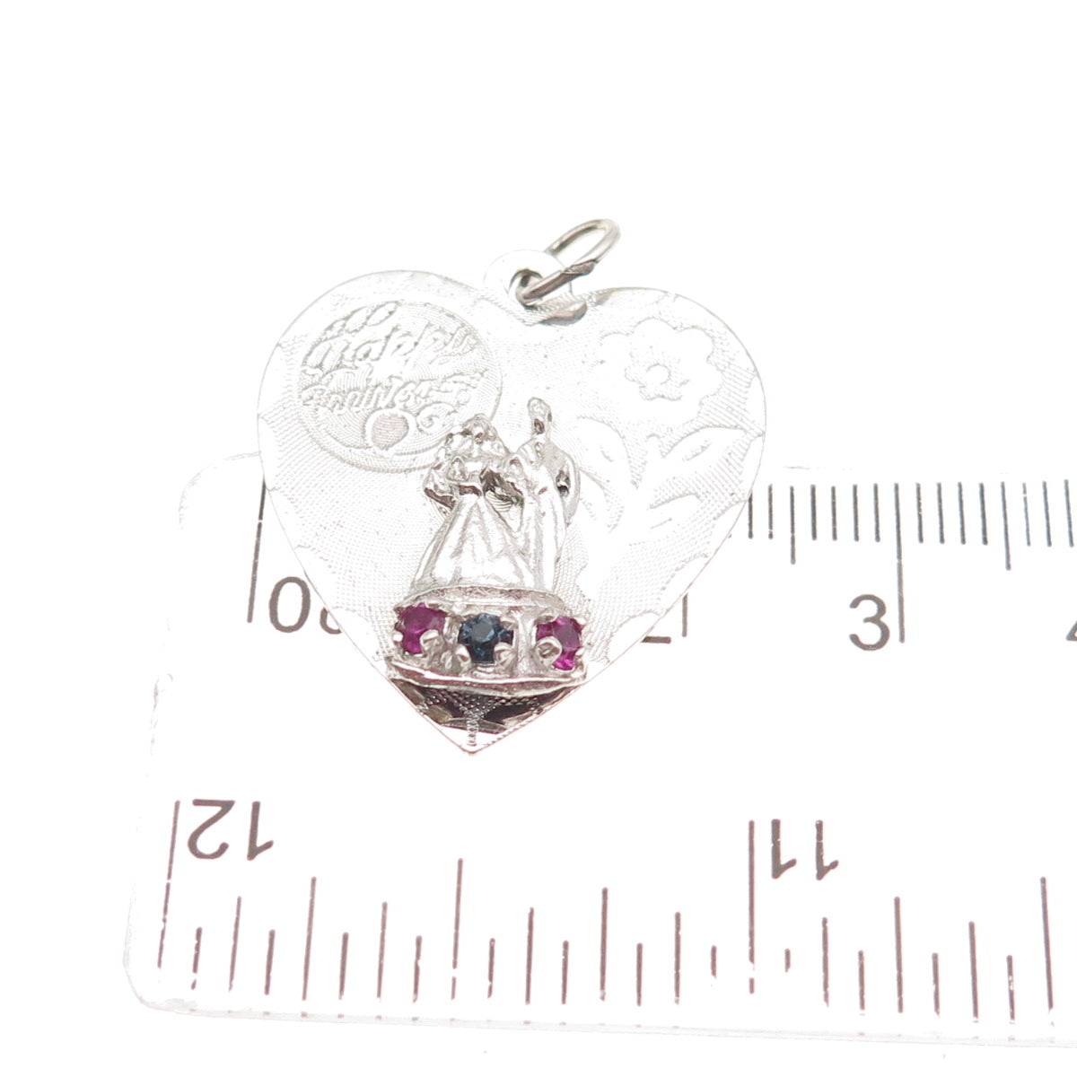 CREA Sterling Silver Vintage Rhinestone Happy Anniversary Heart Charm Pendant