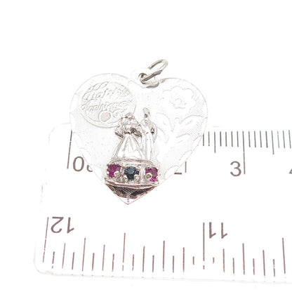 CREA Sterling Silver Vintage Rhinestone Happy Anniversary Heart Charm Pendant
