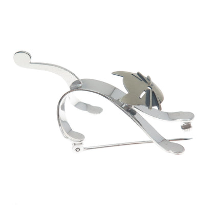 BEAU 925 Sterling Silver Vintage Modernist Cat Pin Brooch