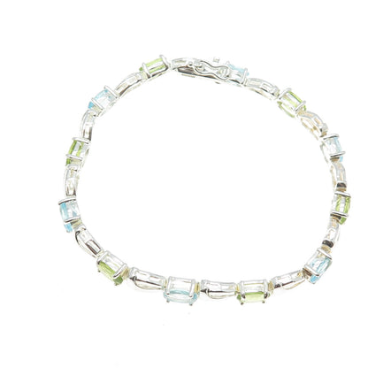 925 Sterling Silver Real Blue Topaz & Peridot Tennis Link Bracelet 7"