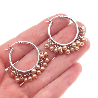 925 Sterling Silver Vintage Real Pearl Dangle Beads Hoop Earrings