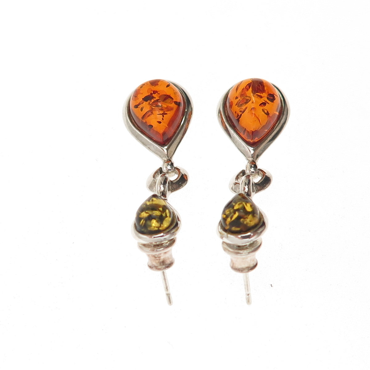 925 Sterling Silver Vintage Real Amber Modernist Teardrop Dangle Earrings