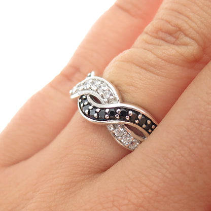 925 Sterling Silver Real Black Spinel & C Z Twisted Infinity Ring Size 6.25