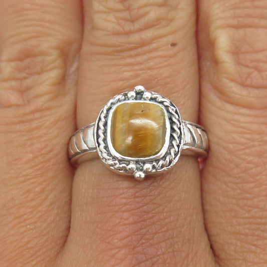 925 Sterling Silver Vintage Real Tiger Eye Gemstone Ring Size 8