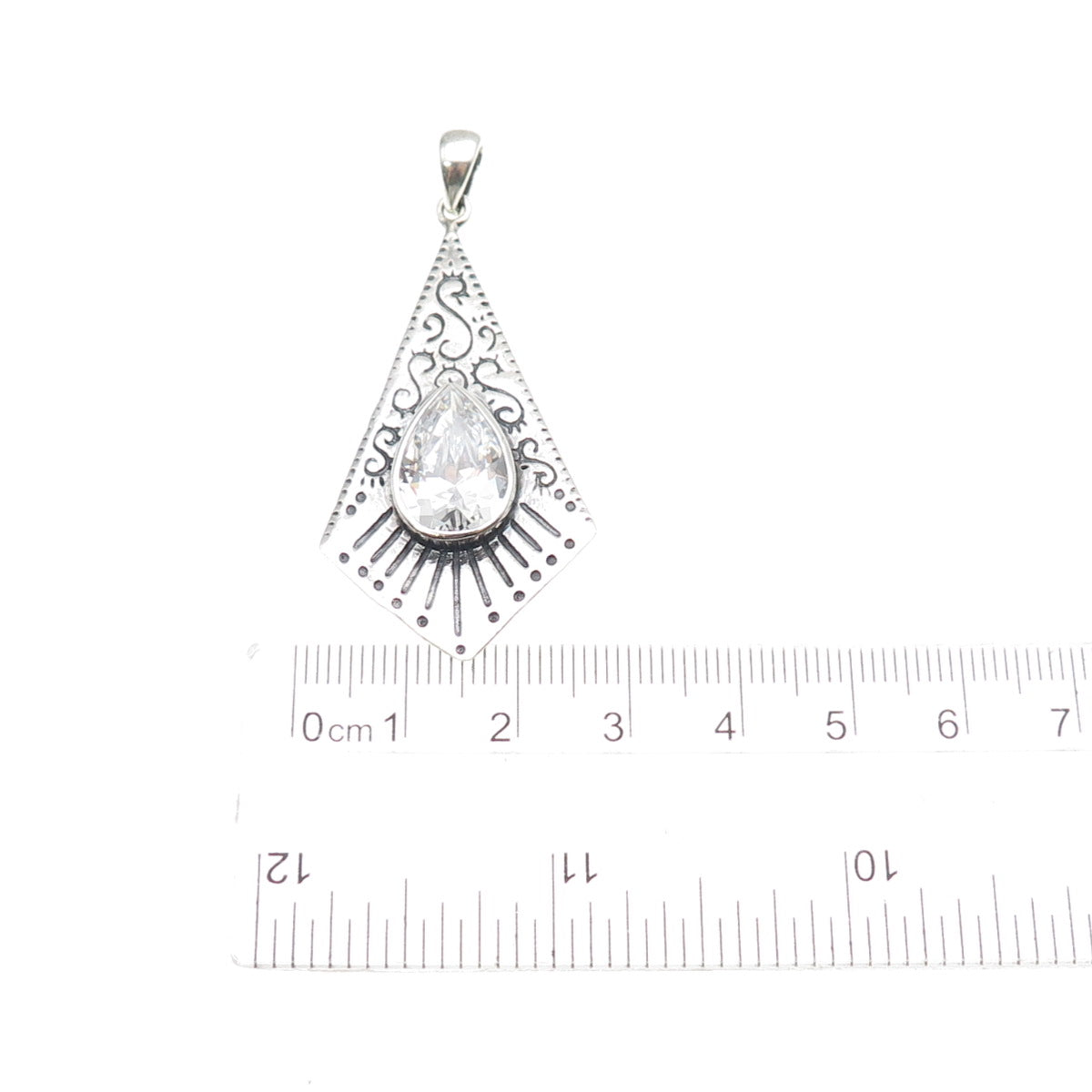 KEN CRAFTS 925 Sterling Silver Vintage Pear-Cut C Z Swirl Oxidized Pendant