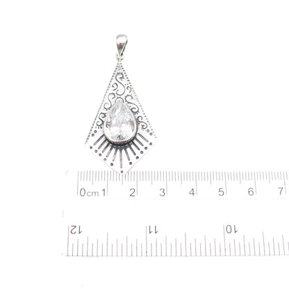 KEN CRAFTS 925 Sterling Silver Vintage Pear-Cut C Z Swirl Oxidized Pendant