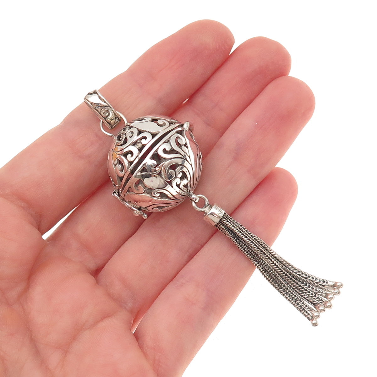 Annika Witt 925 Sterling Silver Vintage Floral Scroll Ball Cage Tassel Pendant