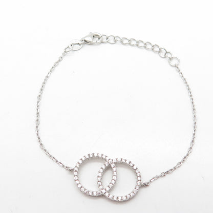 925 Sterling Silver White C Z Love Ring Cable Link Bracelet 7"