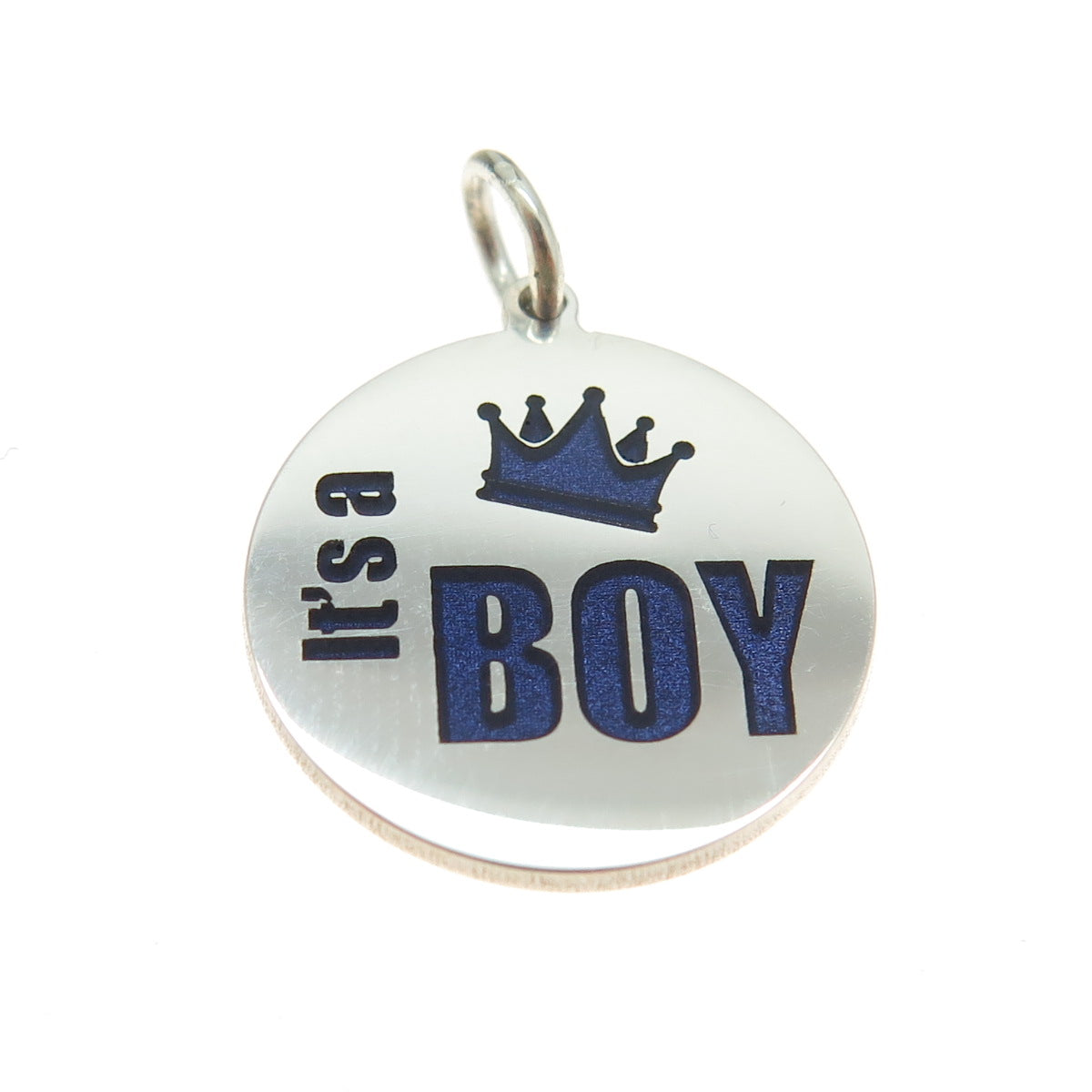 925 Sterling Silver Purple Enamel "It's a Boy" Round Minimalist Charm Pendant