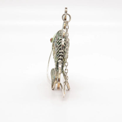 925 Sterling Silver Enamel Antique Chinese Koi Fish Articulated Fob / Pendant