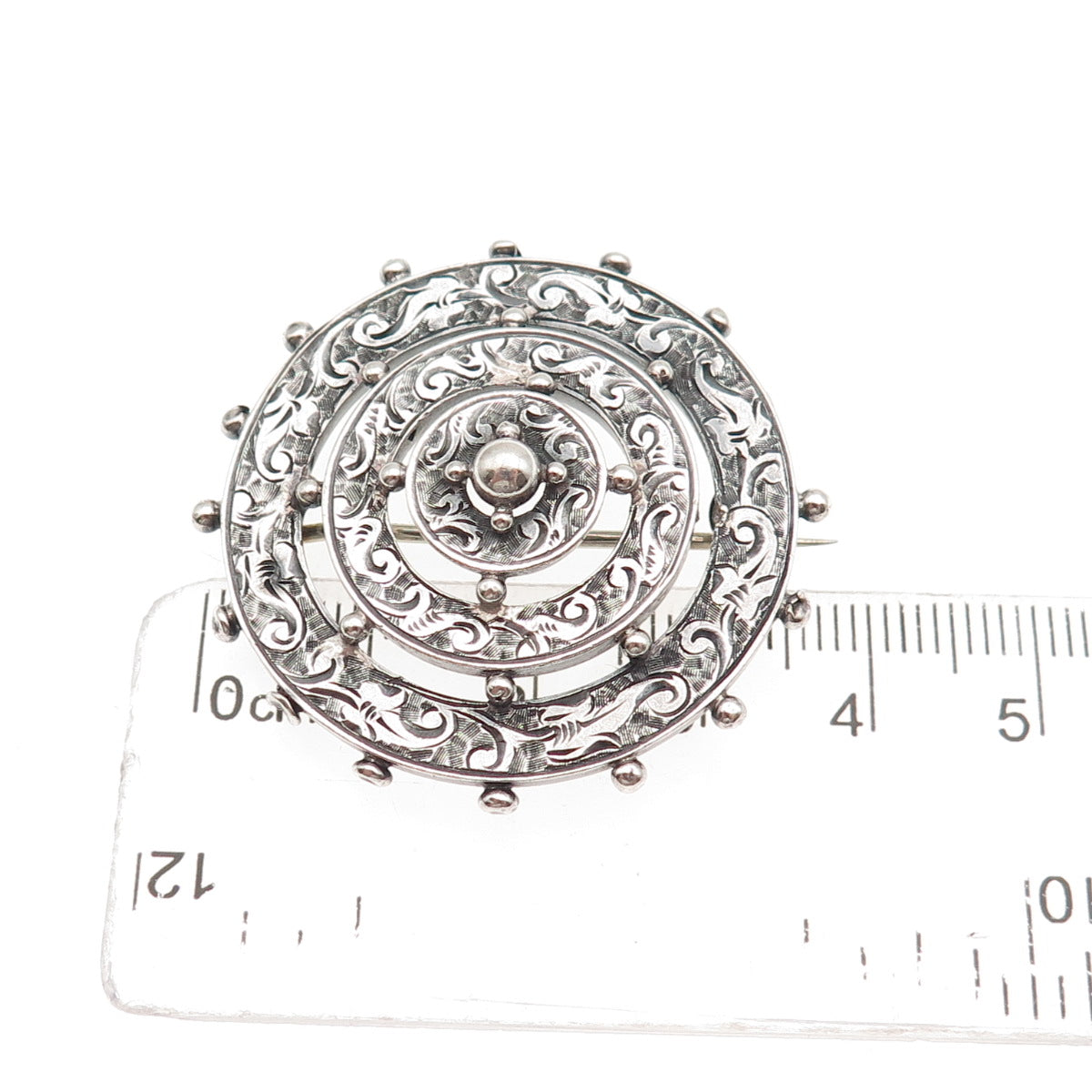 925 Sterling Silver Antique Victorian Engraved Floral Wheel Oxidized Pin Brooch
