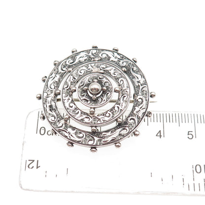 925 Sterling Silver Antique Victorian Engraved Floral Wheel Oxidized Pin Brooch