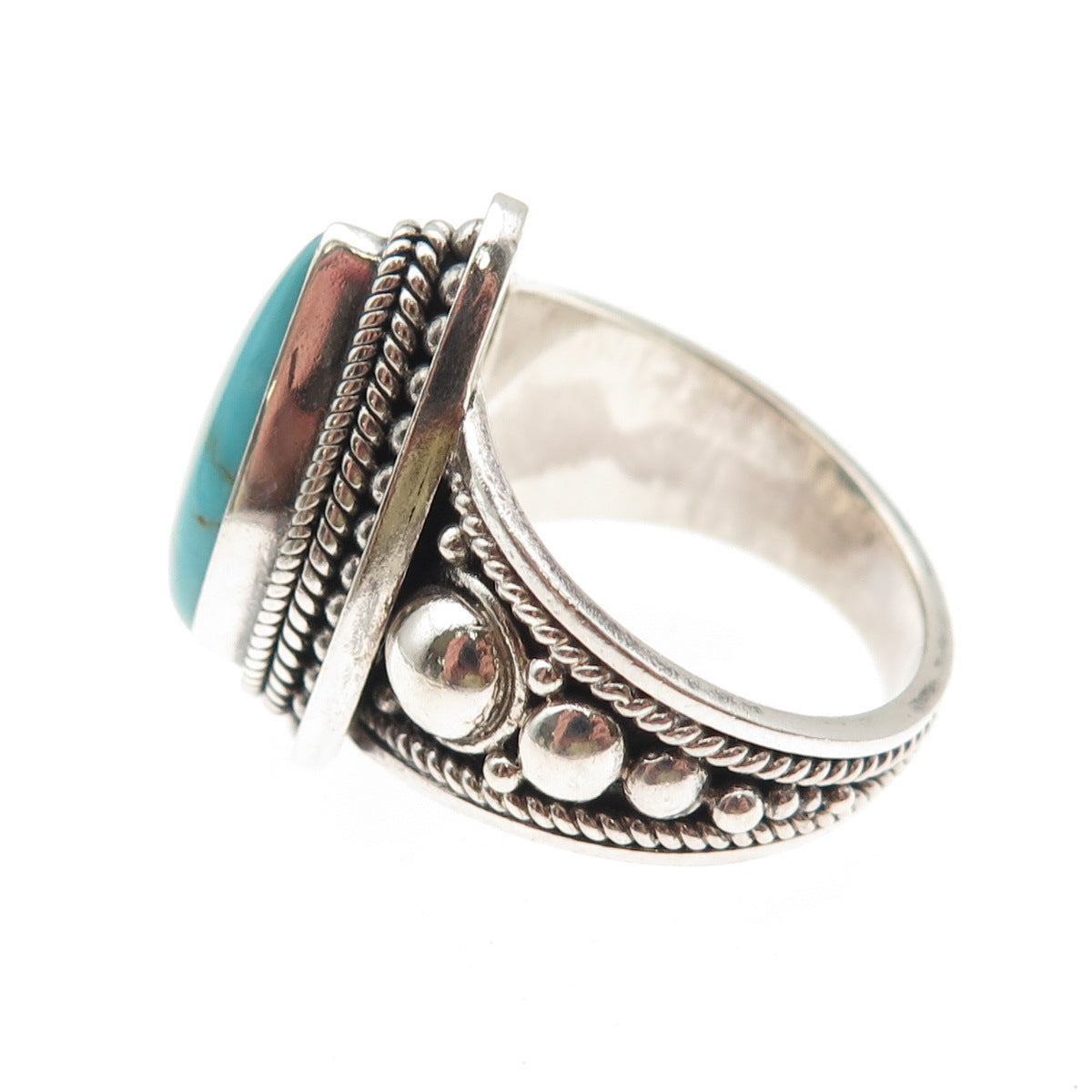 925 Sterling Silver Vintage Real Lone Mountain Turquoise Beaded Ring Size 8.75