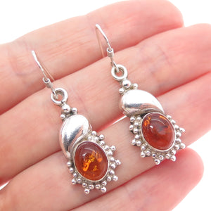 925 Sterling Silver Vintage Real Amber Modernist Granulated Dangle Earrings