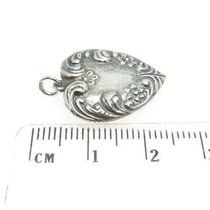 925 Sterling Silver Antique Art Deco Repousse Heart Chatelaine Charm Pendant