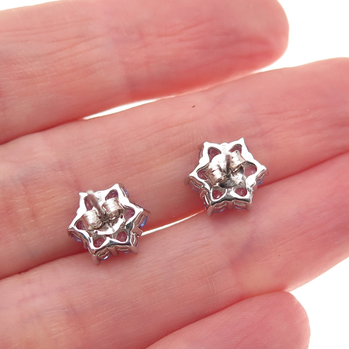 925 Sterling Silver Real Round-Cut Diamond & Tanzanite Floral Stud Earrings