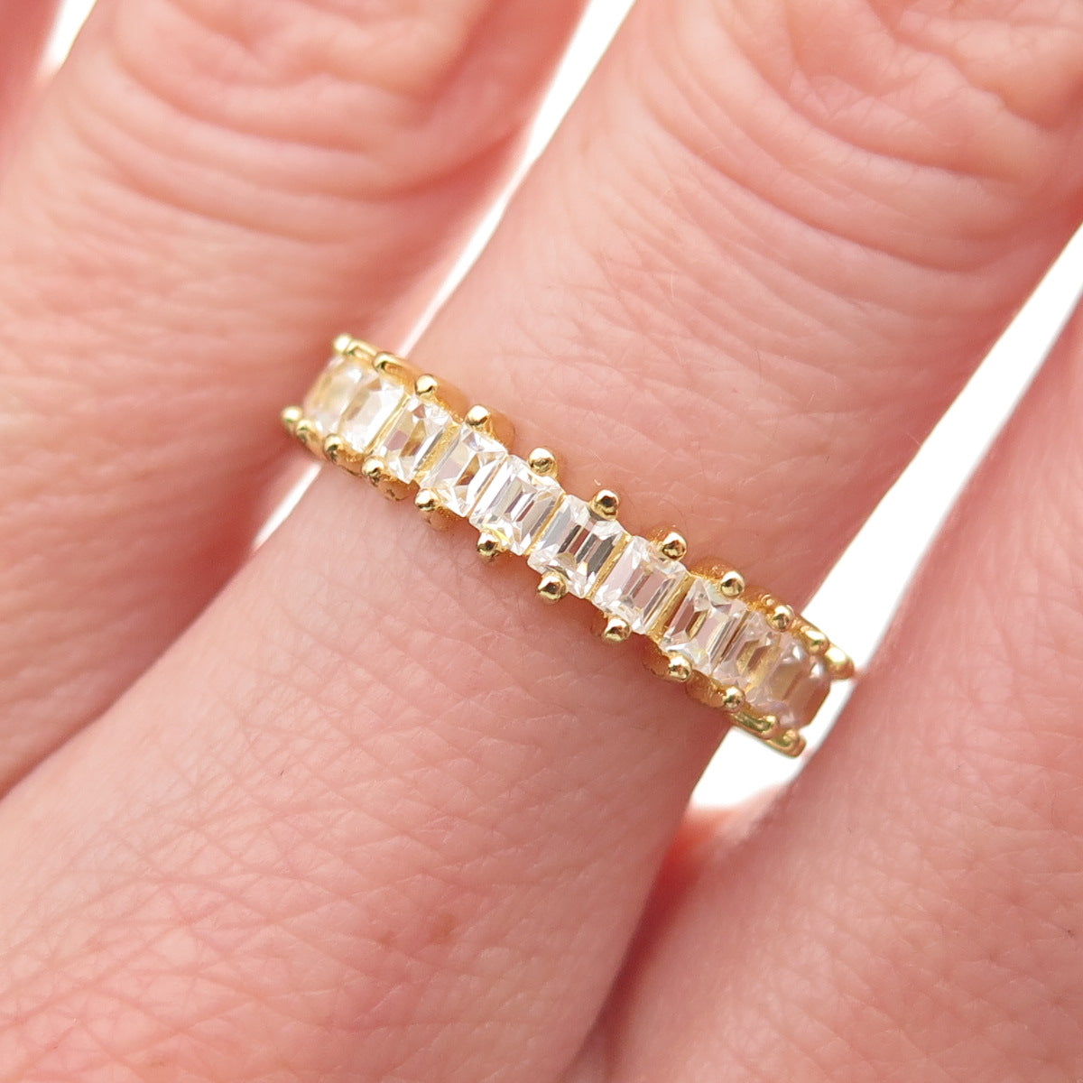 925 Sterling Silver Gold Plated Emerald-Cut C Z Eternity Band Ring Size 6.5