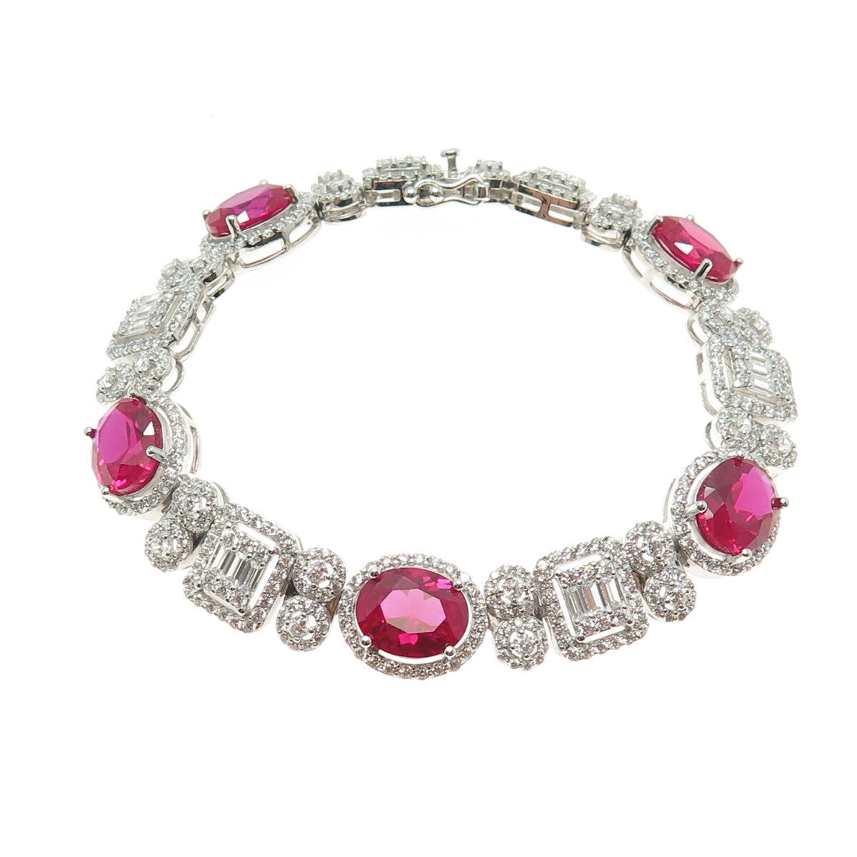 925 Sterling Silver Lab-Created Ruby & C Z Bohemian Link Bracelet 7"
