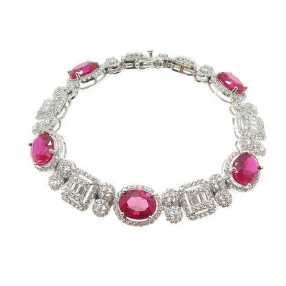 925 Sterling Silver Lab-Created Ruby & C Z Bohemian Link Bracelet 7"
