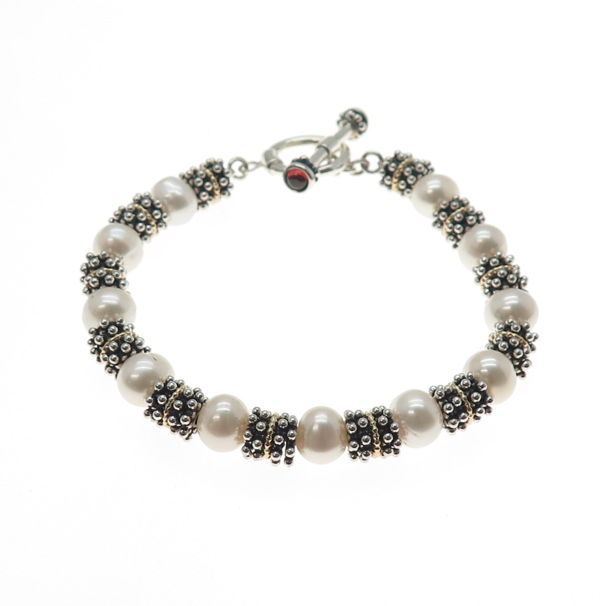 14K Gold 925 Sterling Silver Vintage Real Pearl & Red Garnet Beaded Bracelet 7"