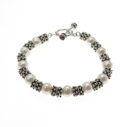 14K Gold 925 Sterling Silver Vintage Real Pearl & Red Garnet Beaded Bracelet 7"