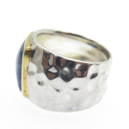 925 Sterling Silver 2-Tone Vintage Real Sodalite Hammered Ring Size 7.5