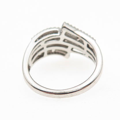 Sun 925 Sterling Silver Real Round & Emerald-Cut Diamond Bypass Ring Size 8