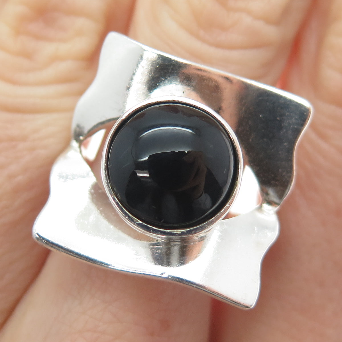 950 Silver Vintage Real Black Onyx Gemstone Modernist Ring Size 6.75