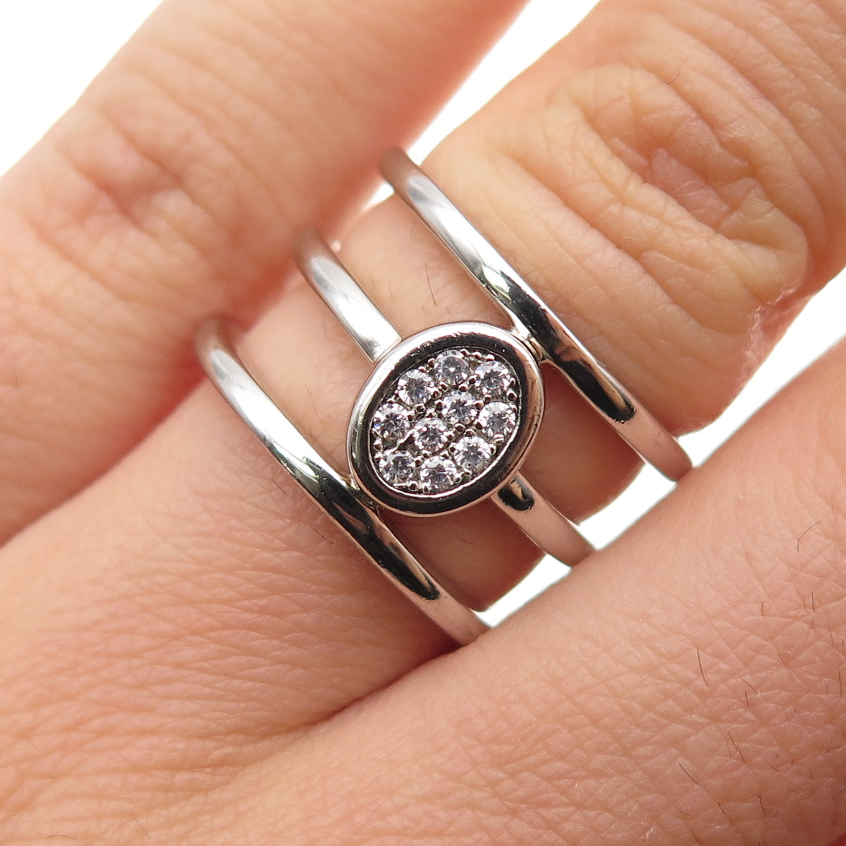925 Sterling Silver Round-Cut C Z 3-Row Ring Size 7
