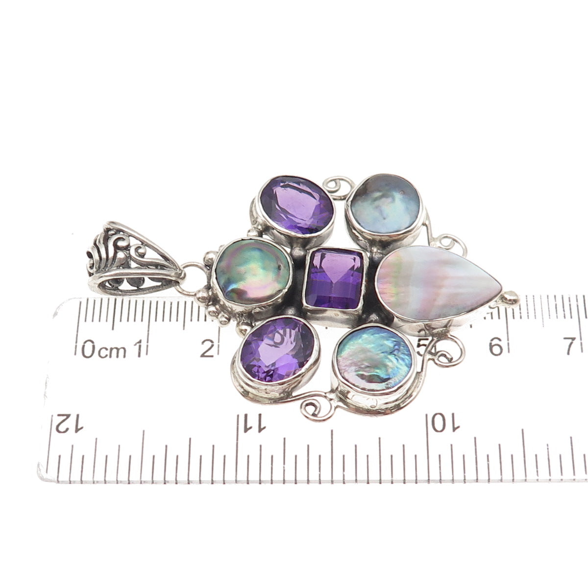 925 Sterling Silver Vintage Real Amethyst Pearl & MOP Modernist Cluster Pendant