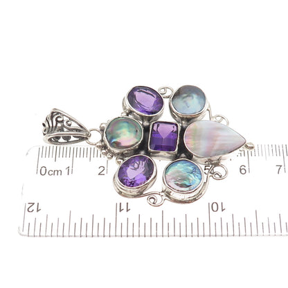 925 Sterling Silver Vintage Real Amethyst Pearl & MOP Modernist Cluster Pendant