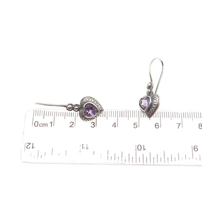 925 Sterling Silver Vintage Real Amethyst Heart Dangle Earrings