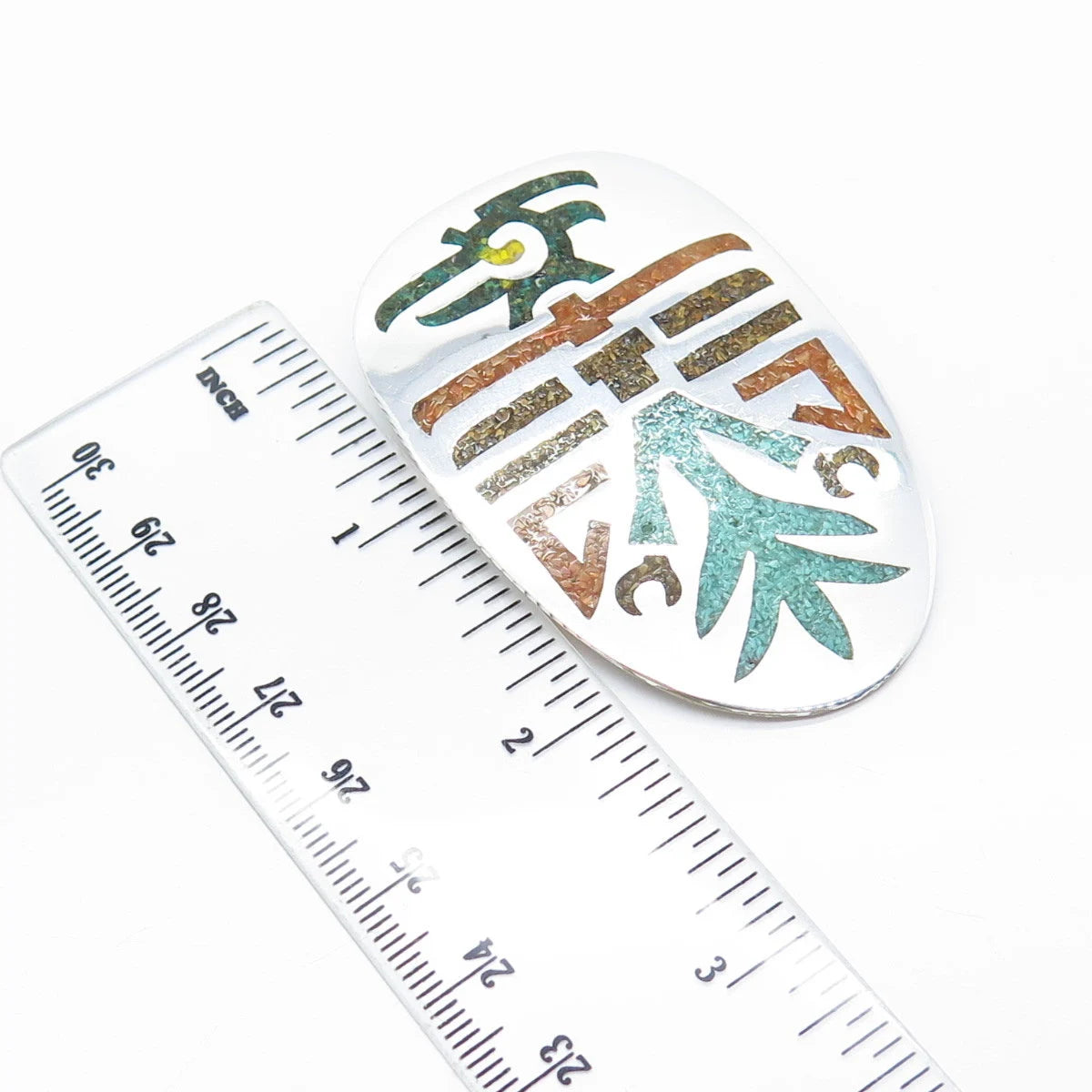 925 Sterling Silver Vintage Artesanos Real Turquoise Gem Inlay Tribal Pin Brooch