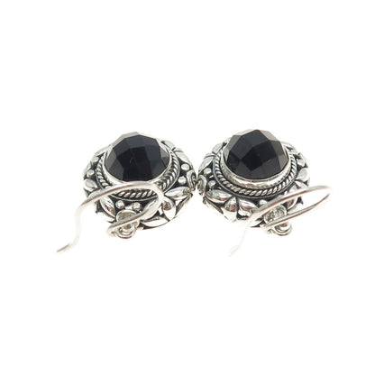 925 Sterling Silver Vintage Real Black Spinel Ornate Floral Dangling Earrings