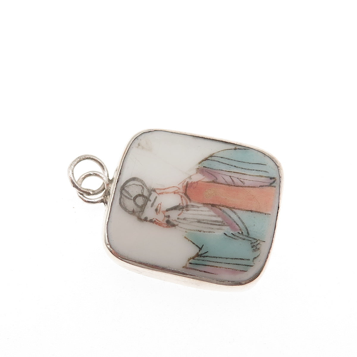 925 Sterling Silver Antique Ceramic Chinese Daoist Immortal Charm Pendant