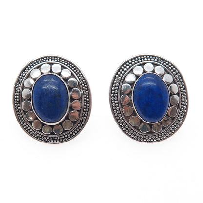 925 Sterling Silver Vintage Real Lapis Lazuli Modernist Dotted Earrings